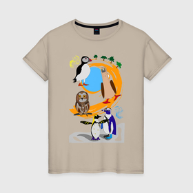 Женская футболка хлопок с принтом олуша, сова и пингвины на радужном фоне с деревьями в Петрозаводске, 100% хлопок | прямой крой, круглый вырез горловины, длина до линии бедер, слегка спущенное плечо | 