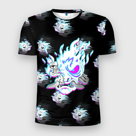 Мужская футболка 3D Slim с принтом Cyberpunk 2077 neon samurai glitch art colors. в Кировске, 100% полиэстер с улучшенными характеристиками | приталенный силуэт, круглая горловина, широкие плечи, сужается к линии бедра | 