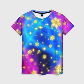 Женская футболка 3D с принтом Снежинки и звезды   яркие цвета в Санкт-Петербурге, 100% полиэфир ( синтетическое хлопкоподобное полотно) | прямой крой, круглый вырез горловины, длина до линии бедер | 