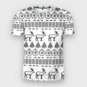 Мужская футболка 3D Slim с принтом Черно белый узор с оленями в Петрозаводске, 100% полиэстер с улучшенными характеристиками | приталенный силуэт, круглая горловина, широкие плечи, сужается к линии бедра | 