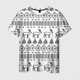 Мужская футболка 3D с принтом Черно белый узор с оленями в Петрозаводске, 100% полиэфир | прямой крой, круглый вырез горловины, длина до линии бедер | 