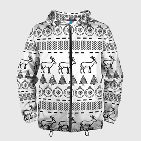 Мужская ветровка 3D с принтом Черно белый узор с оленями в Петрозаводске, 100% полиэстер | подол и капюшон оформлены резинкой с фиксаторами, два кармана без застежек по бокам, один потайной карман на груди | 