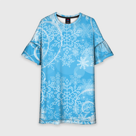Детское платье 3D с принтом Морозный узор на голубом стекле в Курске, 100% полиэстер | прямой силуэт, чуть расширенный к низу. Круглая горловина, на рукавах — воланы | Тематика изображения на принте: 