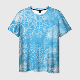Мужская футболка 3D с принтом Морозный узор на голубом стекле в Тюмени, 100% полиэфир | прямой крой, круглый вырез горловины, длина до линии бедер | 