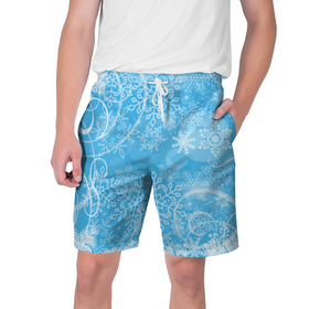 Мужские шорты 3D с принтом Морозный узор на голубом стекле в Кировске,  полиэстер 100% | прямой крой, два кармана без застежек по бокам. Мягкая трикотажная резинка на поясе, внутри которой широкие завязки. Длина чуть выше колен | 