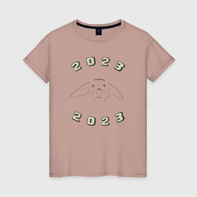 Женская футболка хлопок с принтом Новый кролик 2023 в Новосибирске, 100% хлопок | прямой крой, круглый вырез горловины, длина до линии бедер, слегка спущенное плечо | 