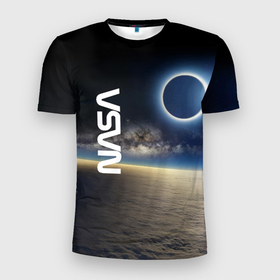 Мужская футболка 3D Slim с принтом Солнечное затмение в открытом космосе в Санкт-Петербурге, 100% полиэстер с улучшенными характеристиками | приталенный силуэт, круглая горловина, широкие плечи, сужается к линии бедра | 