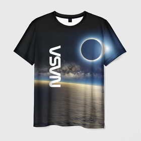 Мужская футболка 3D с принтом Солнечное затмение в открытом космосе в Белгороде, 100% полиэфир | прямой крой, круглый вырез горловины, длина до линии бедер | 