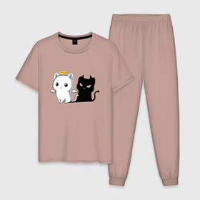 Мужская пижама хлопок с принтом Котёнок   ангел или демон , 100% хлопок | брюки и футболка прямого кроя, без карманов, на брюках мягкая резинка на поясе и по низу штанин
 | 