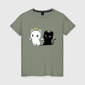 Женская футболка хлопок с принтом Котёнок   ангел или демон , 100% хлопок | прямой крой, круглый вырез горловины, длина до линии бедер, слегка спущенное плечо | 