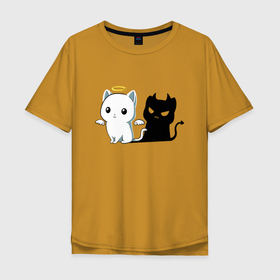 Мужская футболка хлопок Oversize с принтом Котёнок   ангел или демон , 100% хлопок | свободный крой, круглый ворот, “спинка” длиннее передней части | Тематика изображения на принте: 