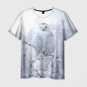 Мужская футболка 3D с принтом Сова белая подмигивает в Санкт-Петербурге, 100% полиэфир | прямой крой, круглый вырез горловины, длина до линии бедер | Тематика изображения на принте: 