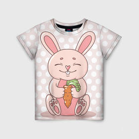 Детская футболка 3D с принтом Милый зайчик с морковкой. в Санкт-Петербурге, 100% гипоаллергенный полиэфир | прямой крой, круглый вырез горловины, длина до линии бедер, чуть спущенное плечо, ткань немного тянется | Тематика изображения на принте: 