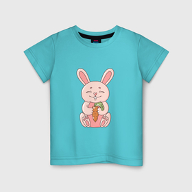 Детская футболка хлопок с принтом Милый, розовый зайчик с морковкой. в Санкт-Петербурге, 100% хлопок | круглый вырез горловины, полуприлегающий силуэт, длина до линии бедер | 