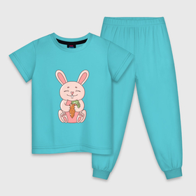 Детская пижама хлопок с принтом Милый, розовый зайчик с морковкой. , 100% хлопок |  брюки и футболка прямого кроя, без карманов, на брюках мягкая резинка на поясе и по низу штанин
 | 