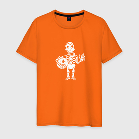 Мужская футболка хлопок с принтом Скелетик и тыковка , 100% хлопок | прямой крой, круглый вырез горловины, длина до линии бедер, слегка спущенное плечо. | 