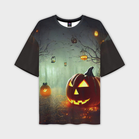 Мужская футболка OVERSIZE 3D с принтом Тыква на Хэллоуин в ночном туманном лесу в Новосибирске,  |  | Тематика изображения на принте: 