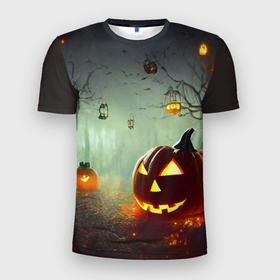 Мужская футболка 3D Slim с принтом Тыква на Хэллоуин в ночном туманном лесу , 100% полиэстер с улучшенными характеристиками | приталенный силуэт, круглая горловина, широкие плечи, сужается к линии бедра | Тематика изображения на принте: 