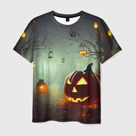 Мужская футболка 3D с принтом Тыква на Хэллоуин в ночном туманном лесу , 100% полиэфир | прямой крой, круглый вырез горловины, длина до линии бедер | Тематика изображения на принте: 