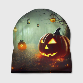 Шапка 3D с принтом Тыква на Хэллоуин в ночном туманном лесу , 100% полиэстер | универсальный размер, печать по всей поверхности изделия | Тематика изображения на принте: 