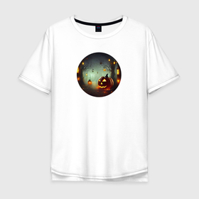 Мужская футболка хлопок Oversize с принтом Страшная тыква в ночном туманном лесу в Кировске, 100% хлопок | свободный крой, круглый ворот, “спинка” длиннее передней части | 