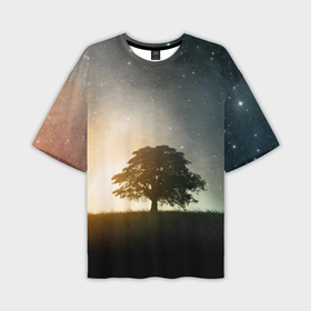 Мужская футболка OVERSIZE 3D с принтом Раскидистое дерево на фоне звёздного неба в Белгороде,  |  | 