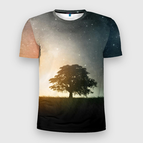 Мужская футболка 3D Slim с принтом Раскидистое дерево на фоне звёздного неба в Екатеринбурге, 100% полиэстер с улучшенными характеристиками | приталенный силуэт, круглая горловина, широкие плечи, сужается к линии бедра | 