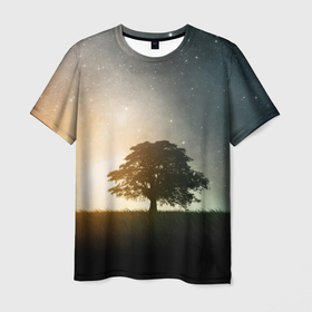Мужская футболка 3D с принтом Раскидистое дерево на фоне звёздного неба в Тюмени, 100% полиэфир | прямой крой, круглый вырез горловины, длина до линии бедер | 