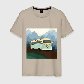 Мужская футболка хлопок с принтом Машина и горы в путешествии в Петрозаводске, 100% хлопок | прямой крой, круглый вырез горловины, длина до линии бедер, слегка спущенное плечо. | 