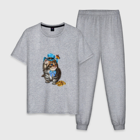 Мужская пижама хлопок с принтом Котёнок в шляпе в Санкт-Петербурге, 100% хлопок | брюки и футболка прямого кроя, без карманов, на брюках мягкая резинка на поясе и по низу штанин
 | 