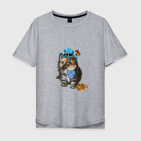 Мужская футболка хлопок Oversize с принтом Котёнок в шляпе в Санкт-Петербурге, 100% хлопок | свободный крой, круглый ворот, “спинка” длиннее передней части | 