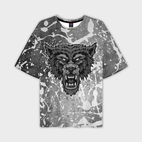 Мужская футболка OVERSIZE 3D с принтом Серый волк на серо белом фоне ,  |  | 
