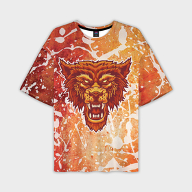 Мужская футболка OVERSIZE 3D с принтом Огненный волк на красно желтом фоне ,  |  | 