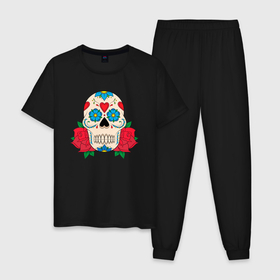 Мужская пижама хлопок с принтом Череп с двумя розами в Петрозаводске, 100% хлопок | брюки и футболка прямого кроя, без карманов, на брюках мягкая резинка на поясе и по низу штанин
 | Тематика изображения на принте: 