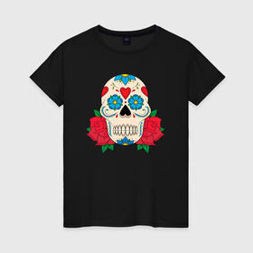 Женская футболка хлопок с принтом Череп с двумя розами в Екатеринбурге, 100% хлопок | прямой крой, круглый вырез горловины, длина до линии бедер, слегка спущенное плечо | Тематика изображения на принте: 