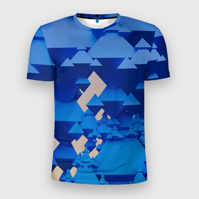 Мужская футболка 3D Slim с принтом Абстрактные синие тетраэдры в Белгороде, 100% полиэстер с улучшенными характеристиками | приталенный силуэт, круглая горловина, широкие плечи, сужается к линии бедра | Тематика изображения на принте: 