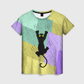 Женская футболка 3D с принтом Сползающий котёнок в Рязани, 100% полиэфир ( синтетическое хлопкоподобное полотно) | прямой крой, круглый вырез горловины, длина до линии бедер | Тематика изображения на принте: 