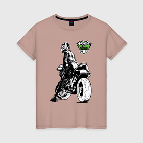 Женская футболка хлопок с принтом Kawasaki Ninja Cup   Девушка за рулём , 100% хлопок | прямой крой, круглый вырез горловины, длина до линии бедер, слегка спущенное плечо | 