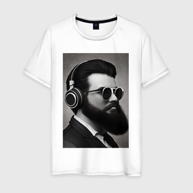 Мужская футболка хлопок с принтом Стильный интеллигент в наушниках в Курске, 100% хлопок | прямой крой, круглый вырез горловины, длина до линии бедер, слегка спущенное плечо. | 