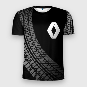 Мужская футболка 3D Slim с принтом Renault tire tracks в Санкт-Петербурге, 100% полиэстер с улучшенными характеристиками | приталенный силуэт, круглая горловина, широкие плечи, сужается к линии бедра | 