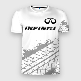 Мужская футболка 3D Slim с принтом Infiniti speed на светлом фоне со следами шин: символ сверху в Белгороде, 100% полиэстер с улучшенными характеристиками | приталенный силуэт, круглая горловина, широкие плечи, сужается к линии бедра | 