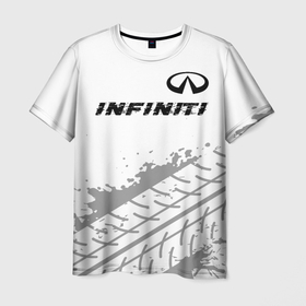 Мужская футболка 3D с принтом Infiniti speed на светлом фоне со следами шин: символ сверху , 100% полиэфир | прямой крой, круглый вырез горловины, длина до линии бедер | 