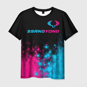 Мужская футболка 3D с принтом SsangYong   neon gradient: символ сверху в Белгороде, 100% полиэфир | прямой крой, круглый вырез горловины, длина до линии бедер | Тематика изображения на принте: 