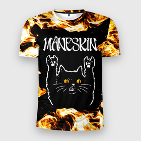 Мужская футболка 3D Slim с принтом Maneskin рок кот и огонь в Екатеринбурге, 100% полиэстер с улучшенными характеристиками | приталенный силуэт, круглая горловина, широкие плечи, сужается к линии бедра | 