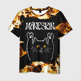 Мужская футболка 3D с принтом Maneskin рок кот и огонь в Санкт-Петербурге, 100% полиэфир | прямой крой, круглый вырез горловины, длина до линии бедер | Тематика изображения на принте: 