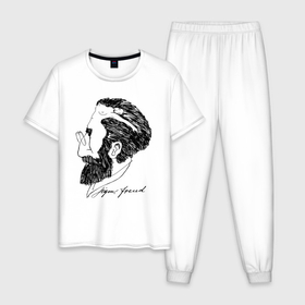Мужская пижама хлопок с принтом Портрет Зигмунда Фрейда, иллюзия в Петрозаводске, 100% хлопок | брюки и футболка прямого кроя, без карманов, на брюках мягкая резинка на поясе и по низу штанин
 | 