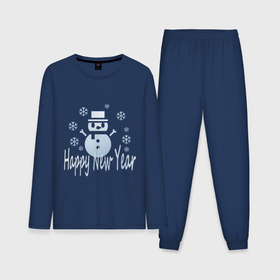 Мужская пижама хлопок (с лонгсливом) с принтом Счастливый Новый год: снеговик, надпись и снежинки в Курске,  |  | 