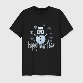 Мужская футболка хлопок Slim с принтом Счастливый Новый год: снеговик, надпись и снежинки в Кировске, 92% хлопок, 8% лайкра | приталенный силуэт, круглый вырез ворота, длина до линии бедра, короткий рукав | 