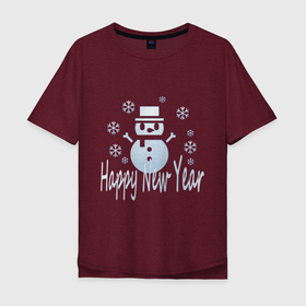Мужская футболка хлопок Oversize с принтом Счастливый Новый год: снеговик, надпись и снежинки в Кировске, 100% хлопок | свободный крой, круглый ворот, “спинка” длиннее передней части | 