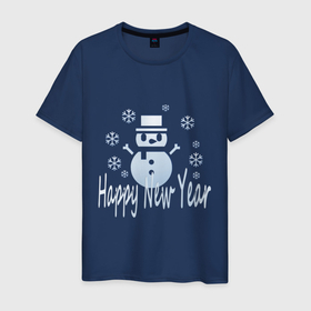 Мужская футболка хлопок с принтом Счастливый Новый год: снеговик, надпись и снежинки в Тюмени, 100% хлопок | прямой крой, круглый вырез горловины, длина до линии бедер, слегка спущенное плечо. | 